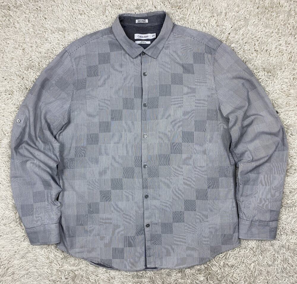 CK Calvin Klein Dress Shirt Men’s XL Gray Glen Check Pattern Long Sleeve